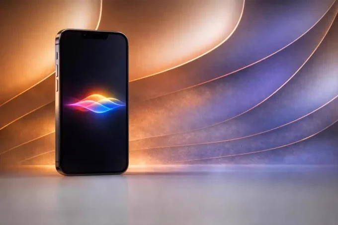 iPhone displaying Siri AI waveform on abstract Apple style gradient background