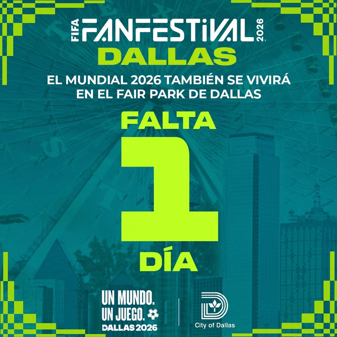 Cuenta regresiva que indica que falta un día para el FIFA Fan Festival 2026 en Dallas, con el horizonte urbano y una noria de fondo.