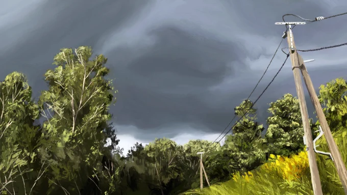 Digital painting of a countryside landscape: at the edge of a slanted field of tall grass, tall trees are caught in bright sunshine, while the sky above is dark and cloudy. There is a phone line running from the foreground to the background, hanging from two-legged wooden utility poles.