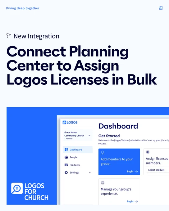 Screenshot showcasing a new integration feature to connect Planning Center with Logos for assigning licenses in bulk. The image includes the Dashboard interface of the software, featuring options like 'Add members to your group' and 'Assign licenses to members'. The Logos for Church logo is visible.