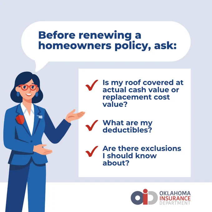 Illustration of a person in a suit with glasses, gesturing towards a checklist. The checklist includes: "Is my roof covered at actual cash value or replacement cost value?", "What are my deductibles?", and "Are there exclusions I should know about?". The Oklahoma Insurance Department logo is at the bottom right.