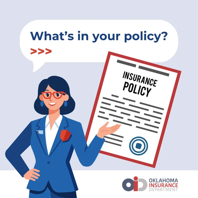 Illustration of a person in a blue suit holding a large document labeled "Insurance Policy." The text bubble says, "What's in your policy?" The Oklahoma Insurance Department logo is at the bottom.