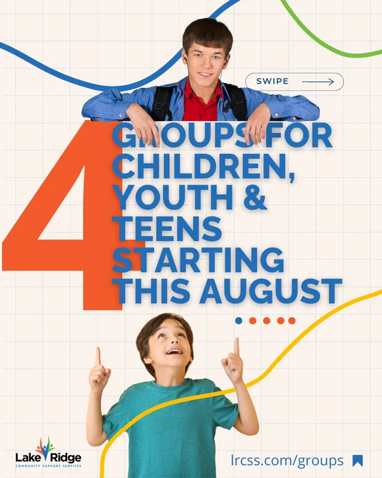 A promotional image for groups starting in August, featuring children and colorful graphics. The tone is energetic and inviting.