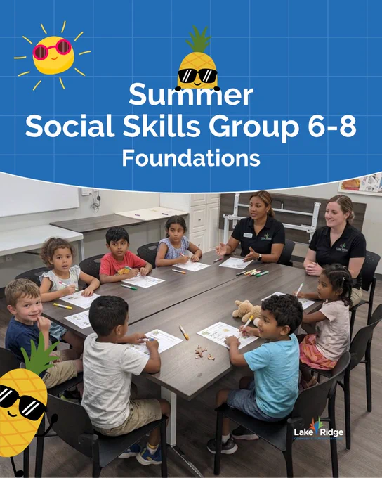 A social skills group session for children aged 6-8 at Lake Ridge, emphasizing summer fun and learning. The mood is educational and friendly with engaging visuals.