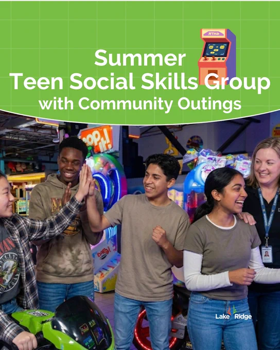 Teens share a high-five in an arcade during a social skills group outing. The atmosphere is vibrant and engaging.