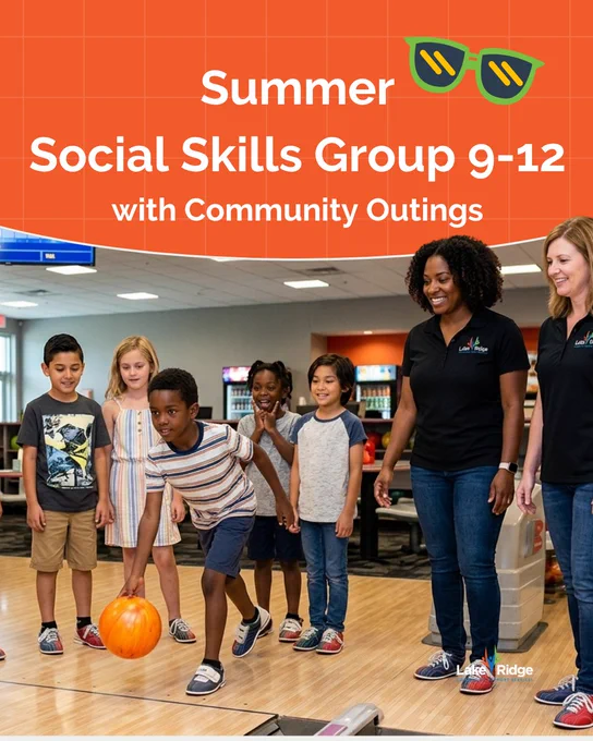 A group of children ages 9-12 participates in a summer social skills program, enjoying a day of bowling under the supervision of two instructors. The atmosphere is lively and fun.