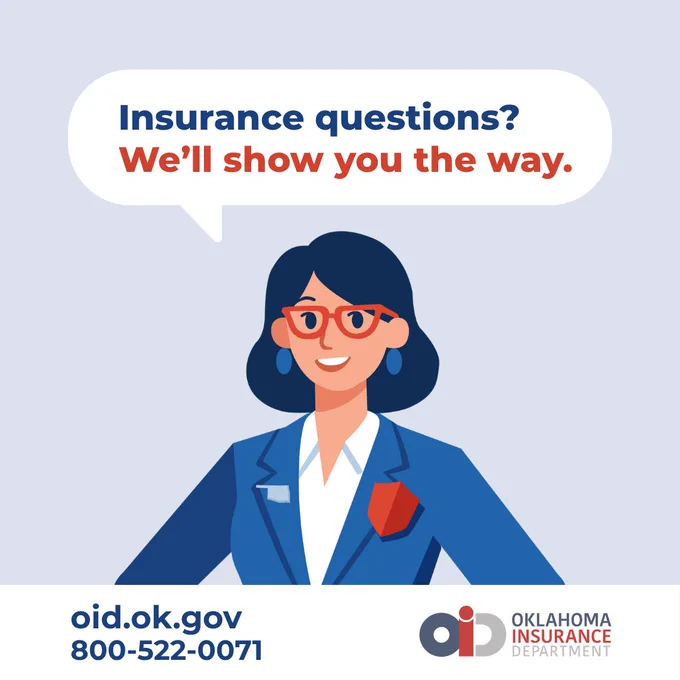 A person wearing glasses and a blue suit is shown with a speech bubble containing the text, “Insurance questions? We’ll show you the way.” The image includes the logo and contact information for the Oklahoma Insurance Department.