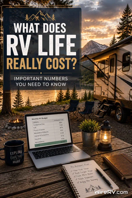 RV campsite at sunset with travel trailer, laptop, and RV budget planning setup.