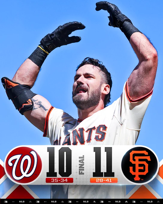 Final Score Graphic, 6/10/26
Washington Nationals 10 (35-34), San Francisco Giants 11 (28-41)
Pictured: Bryce Eldridge throws both hands up in the air as he celebrates his walk-off grand slam on Wednesday. He is wearing a cream-colored San Francisco Giants jersey.