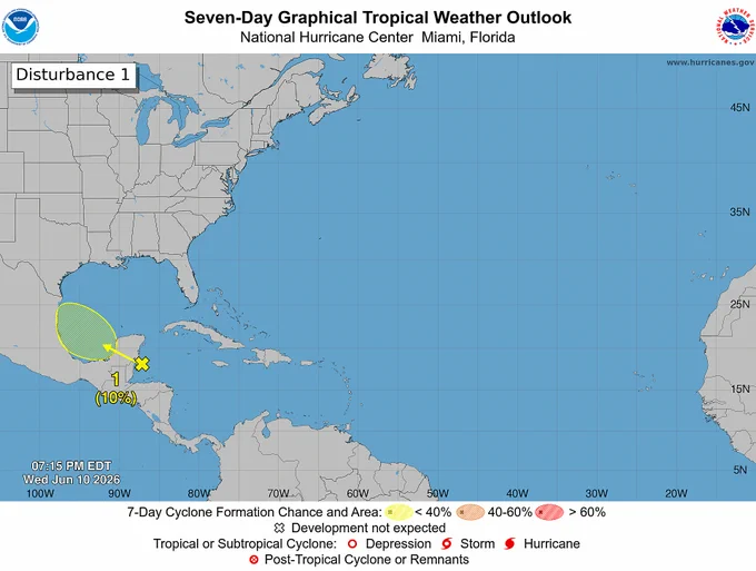 Seven-Day Graphical Tropical Weather Outlook. Disturbance 1: A yellow X is highlighted over the northwestern Caribbean and is forecast to move into the Bay of Campeche by Friday, where there is a 10% chance of formation within the next 48 hours and the next 7 days.