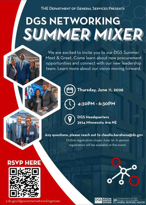 Invitation flyer for DGS Networking Summer Mixer on June 11, 2026, 4:30-6:30 PM at DGS Headquarters, featuring photos of professionals networking and event details.