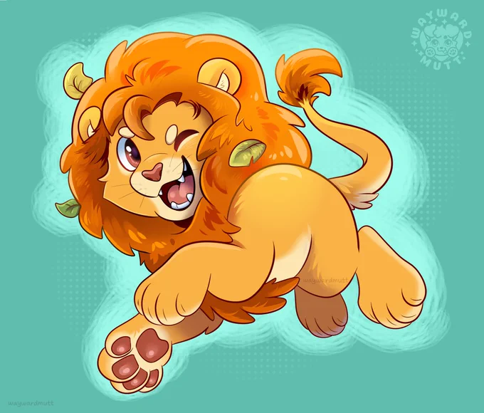 A lion with a big fluffy mane jumping in the air. They are winking with a smile. 