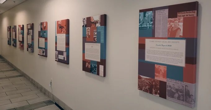 A hallway wall displaying a series of informational panels with text and historical photos arranged in a timeline format