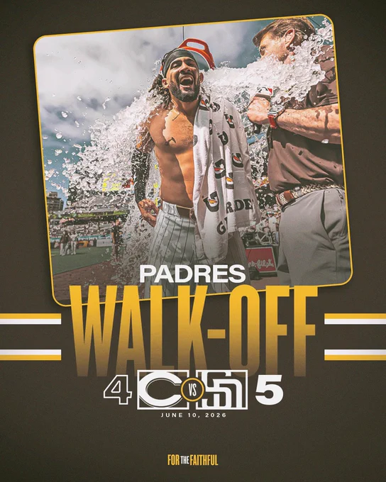 Padres Walk-Off Graphic. The background of the graphic is brown. In the center of the graphic, there is a photo of Fernando Tatis Jr. celebrating. Beneath this photo is a white and gold stripe. On top of this stripe, there is text that says, “PADRES WALK-OFF". On top of this text is today’s final score: Reds 4, Padres 5. Beneath this text is today’s date: June 10, 2026. Underneath the date, there is the “For the Faithful” logo.