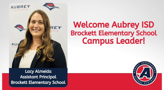 Aubrey ISD logo on graphic with photo of new Brockett Elementary School assistant principal Lacy Almeida