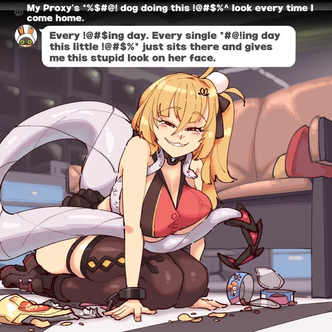 Cissia from Zenless Zone Zero ZZZ looking smug with snack wrappers and dog food cans all over the floor. Bangboo 18 is angrily posting about it on the interknot.