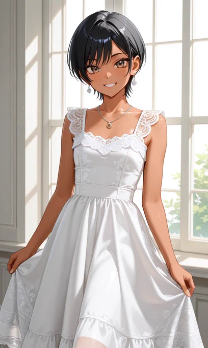 1girl, white one-piece dress, women's elegant dress, vintage dress, A-line dress, party dress, wedding dress, summer dress, sleeveless, lace fabric, ruffled skirt hem, ruffled sleeves, ruffled neckline, round neck, long skirt, A-line skirt, young, 17yo, pretty, cute, masterpiece, simple, black hair, very short hair, wolf cut, tsurime:1.1, outfits:sleeveless, camisole, girly coordinates, piercing earrings, necklace pendant, glossy tanned skin:1.2, satisfied, cheerful