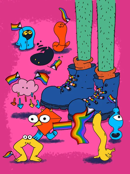 The avatars from Hear Say all waving pride flags and celebrating. The giant legs from Hear Say are also there, with pride-themed laces on their boots.