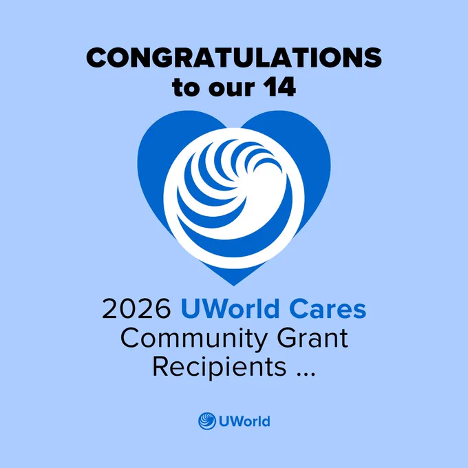 Blue heart design with swirling white and blue elements. Text reads: “CONGRATULATIONS to our 14 2026 UWorld Cares Community Grant Recipients…” and the UWorld logo at the bottom.