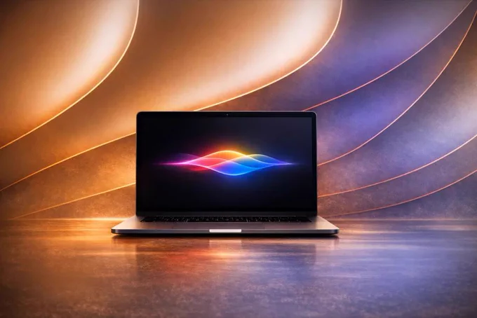 MacBook displaying Siri AI waveform on abstract Apple style gradient background