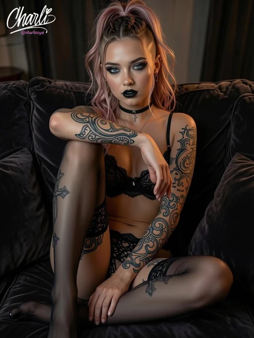 Dark Charli with pink hair and dramatic black lipstick leaning forward on a dark couch in black lace and stockings, intense gaze with visible tattoos.