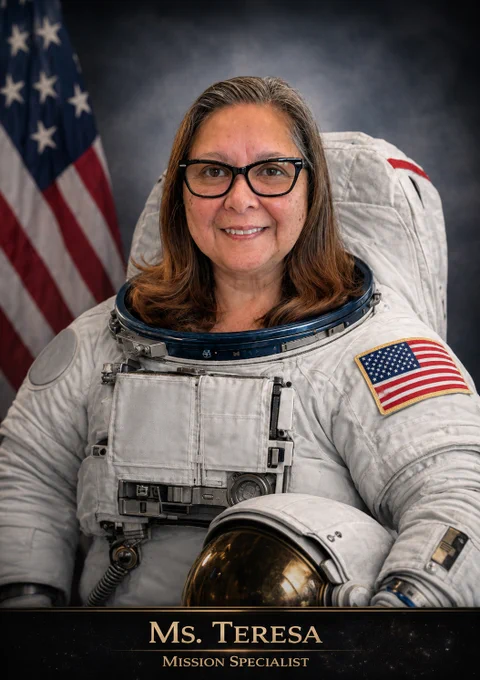 Portrait of Ms. Teresa in a white NASA astronaut suit with an American flag patch, holding her helmet, against a backdrop featuring the U.S. flag.