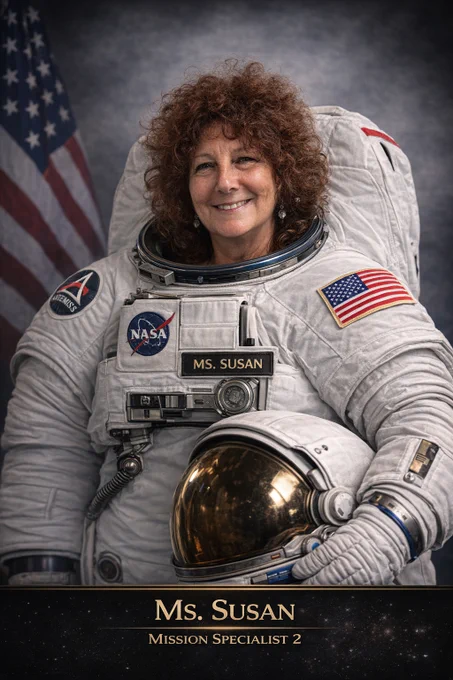 Astronaut in a NASA spacesuit with an American flag patch, holding a helmet, identified as Ms. Susan, Mission Specialist 2, posed against a dark backdrop with a U.S. flag.