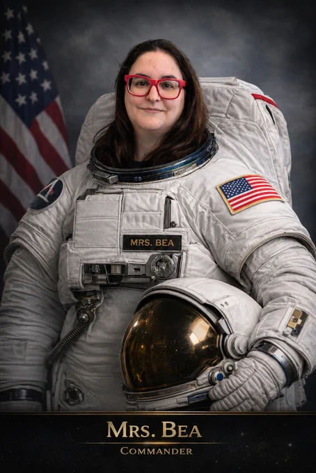 Astronaut in a white space suit with American flag patches, holding a helmet, standing in front of a U.S. flag backdrop, identified as Commander Mrs. Bea.