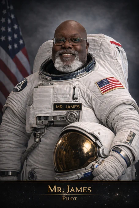 Astronaut in a white space suit with American flag patches holding a gold-tinted helmet, identified as Mr. James, pilot, standing before a U.S. flag backdrop.