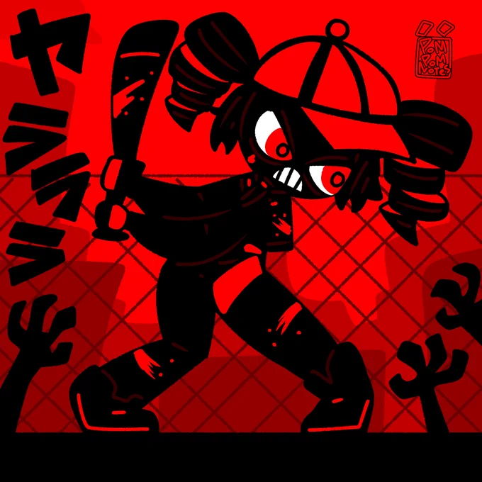 A black, red and white drawing of Kasane Teto in the YARARARA music video holding a baseball bat and barely visible from her own silhouette with undead heands going after her from below.