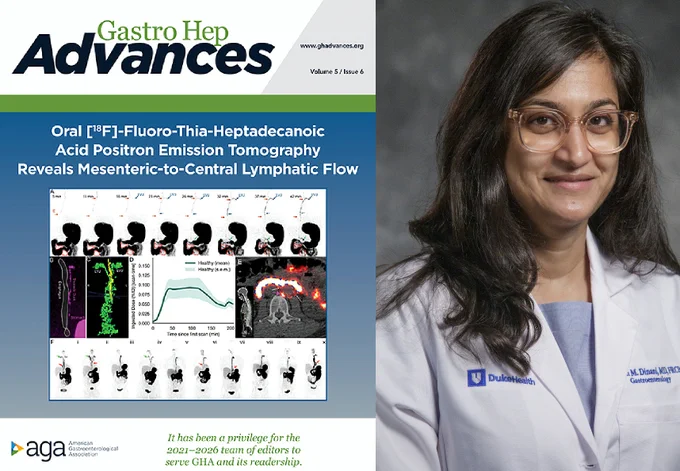 Picture of the cover of the GastroHep Advances publication next to a headshot photo of Duke GI's reasearcher, Dr Amreen Dinani