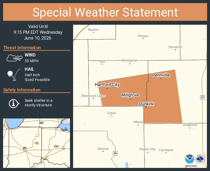 This graphic displays a special weather statement plotted on a map. The statement is in effect until 9:15 PM EDT.  The statement includes Hartford City IN, Dunkirk IN and  Redkey IN.  A STRONG THUNDERSTORM WILL IMPACT SOUTHERN BLACKFORD AND WESTERN JAY COUNTIES THROUGH 915 PM EDT. The threats associated with this storm are wind gusts up to 55 MPH and half inch sized hail. Seek shelter in a sturdy structure until the storm passes.