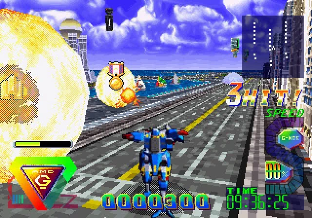 A screenshot of Bulk Slash in which the Guardual is in robot mode on the first planet with explosions nearby.