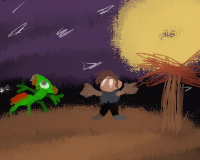 A hand-drawn image of two figures (one large green insect-like alien and one human) standing next to a tree with yellow leaves on a field of brown grass with a purple sky.