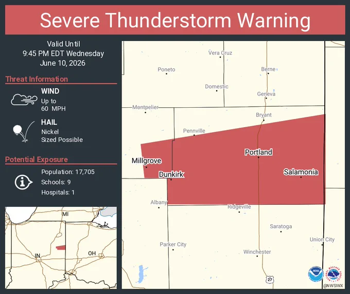 This graphic displays a severe thunderstorm warning plotted on a map. The warning is in effect until 9:45 PM EDT. The warning includes Portland IN, Dunkirk IN and Redkey IN.  This warning is for Southeastern Blackford County in east central Indiana and Jay County in east central Indiana. The threats associated with this warning are wind gusts up to 60 MPH and nickel sized hail. There are 17,705 people in the warning along with 9 schools and 1 hospital.