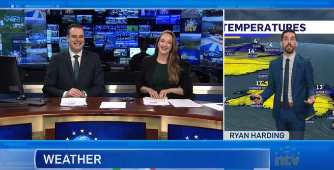 Michael Connors and Amanda Mews co-anchor the NTV Evening Newshour while Ryan Harding delivers the weather forecast.