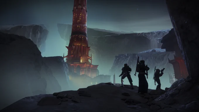 Three Guardians on the Moon looking out at the Scarlet Keep tower. 