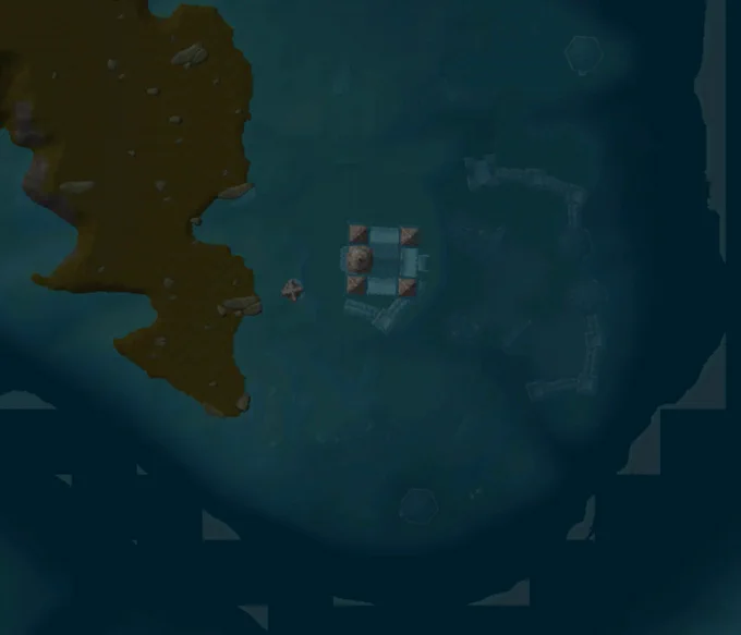 Closeup of one of the ruined Alliance bases. This one is mostly underwater, with a keep and tower partially submerged, and various walls and towers totally submerged. The buildings appear to be assets from the Wrath of the Lich King expansion.