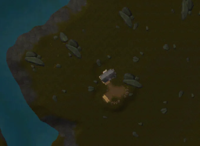 Closeup of another, smaller Alliance base. This one is on dry land, and consists of an inn and stables, again using building assets from Wrath of the Lich King.