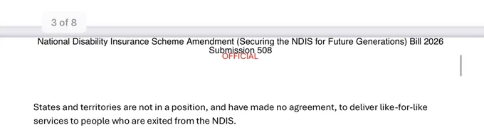 a screenshot from submission 508 “States and territories are not in a position, and have made no agreement, to deliver like-for-like services to people who are exited from the NDIS.“