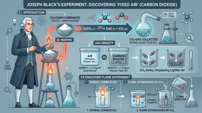 Clean educational infographic of Joseph Black heating calcium carbonate (CaCO3), carbon dioxide gas being released, comparison showing gas denser than air, extinguished flame experiment, laboratory glassware, blue-grey scientific color palette, modern infographic style, high detail, social media ready.”
