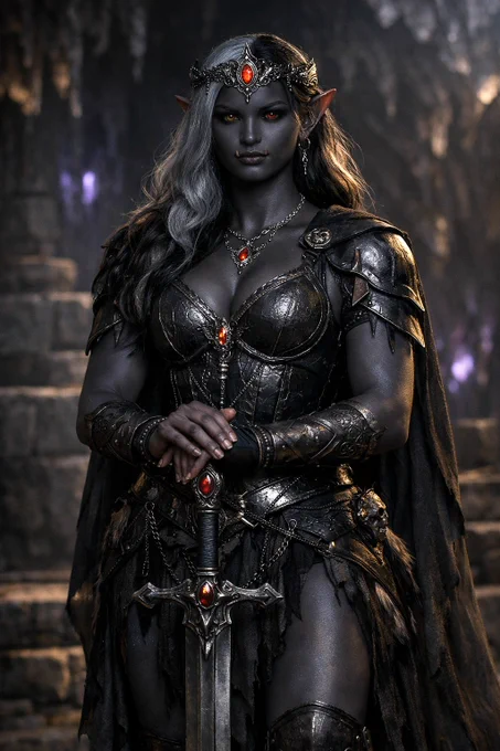 Born beneath the stone vaults of the Underdark, she is the daughter of a Drow matriarch and an Orc warlord, forged where shadow meets flame. Her obsidian skin and silver‑black hair carry both lineages in perfect balance: the cunning and arcane mastery of the Drow, the indomitable strength and honor of the Orcs. In her veins, two empires unite.