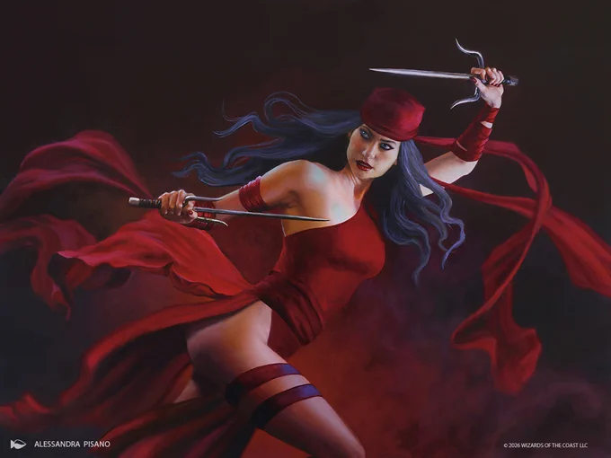 An illustration of Elektra as she holds her sai in both hands in a battle stance, looking over her shoulder and at attention for any opponent who could come her way. \"Elektra, Daughter of the Hand\" art by Alessandra Pisano.