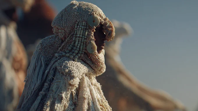 A cinematic still in the visual style of Denis Villeneuve, photographed with the naturalistic lighting of Greig Fraser on a large-format Alexa LF sensor. Close-up of ceremonial garments worn by figures on the pyramid, woven fabrics, jade beads, and carved ornaments shifting slightly in the wind. The motion is minimal, controlled, almost imperceptible. Sunlight catches edges of the materials, while deeper folds fall into shadow due to heavy negative fill. Background dissolves into soft blur. Warm desaturated tones, subtle dust in the air, grounded realism, film grain