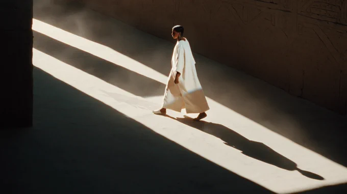 A cinematic still in the visual style of Denis Villeneuve, photographed with the naturalistic lighting of Greig Fraser on a large-format Alexa LF sensor. A citizen walks through a narrow stone passage where sunlight cuts sharply across the ground, creating alternating bands of light and shadow. Indigenous Mesoamerican features, copper-brown skin, simple garments. The figure passes from shadow into light, the transition clearly visible across the body. The environment is minimal and geometric, with carved stone surfaces. Warm desaturated tones, fine dust in the air, grounded realism, strong composition, film grain.