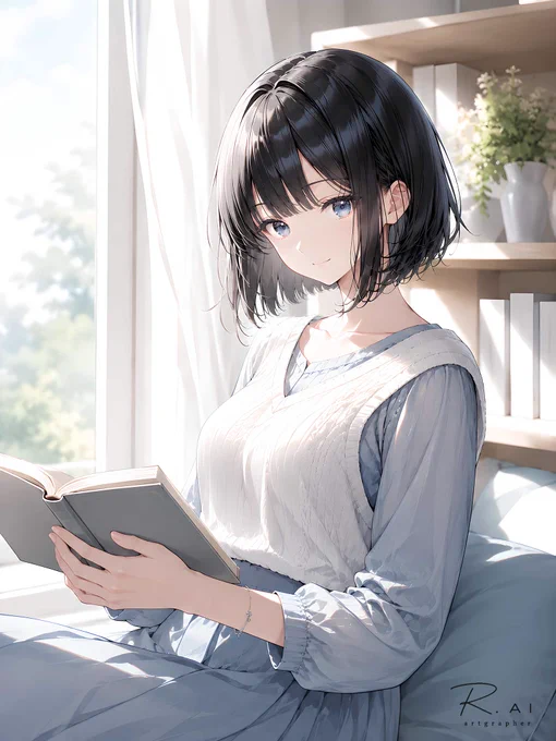 白いカーテン越しに朝日が差し込む部屋で、ナギが窓辺に座り本を開いている。黒髪のボブにやわらかな光が重なり、白いニットベストと淡いブルーの服が朝の空気になじんでいる。背後には本棚と花瓶があり、静かな読書の時間がそのまま部屋に溶けていくような一枚。まだ誰にも急かされていない朝の、ほんの短い余白。