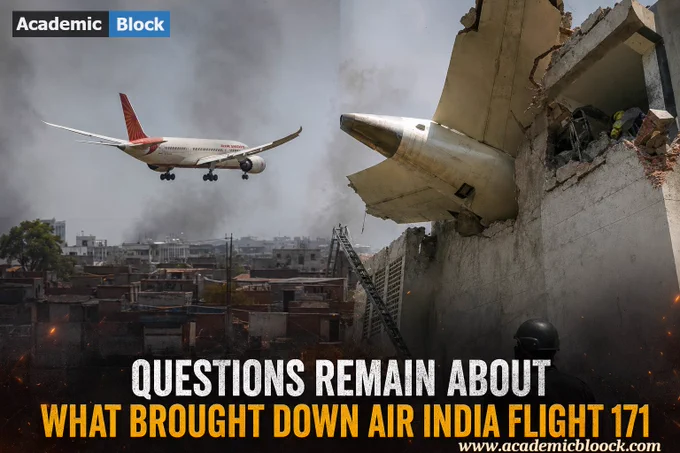 Graphic depicting the debate over the cause of Air India Flight 171 crash, with a dramatic aviation-themed background and bold headline text.