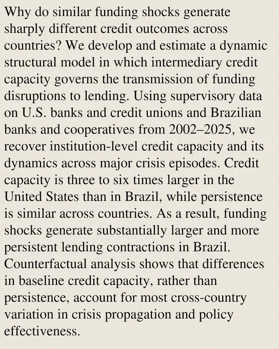 Why do similar funding shocks generate sharply different credit outcomes across countries? We develop and estimate a dynamic structural model in which intermediary credit capacity governs the transmission of funding disruptions to lending. Using supervisory data on U.S. banks and credit unions and Brazilian banks and cooperatives from 2002–2025, we recover institution-level credit capacity and its dynamics across major crisis episodes. Credit capacity is three to six times larger in the United States than in Brazil, while persistence is similar across countries. As a result, funding shocks generate substantially larger and more persistent lending contractions in Brazil. Counterfactual analysis shows that differences in baseline credit capacity, rather than persistence, account for most cross-country variation in crisis propagation and policy effectiveness.