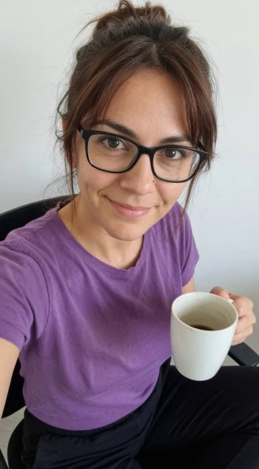 Eine Frau mit braunen Haaren, hochgestecktem Dutt und schwarzer Brille sitzt und macht ein Selfie. Sie trägt ein violettes T-Shirt, hält eine weiße Kaffeetasse in der rechten Hand und lächelt freundlich in die Kamera