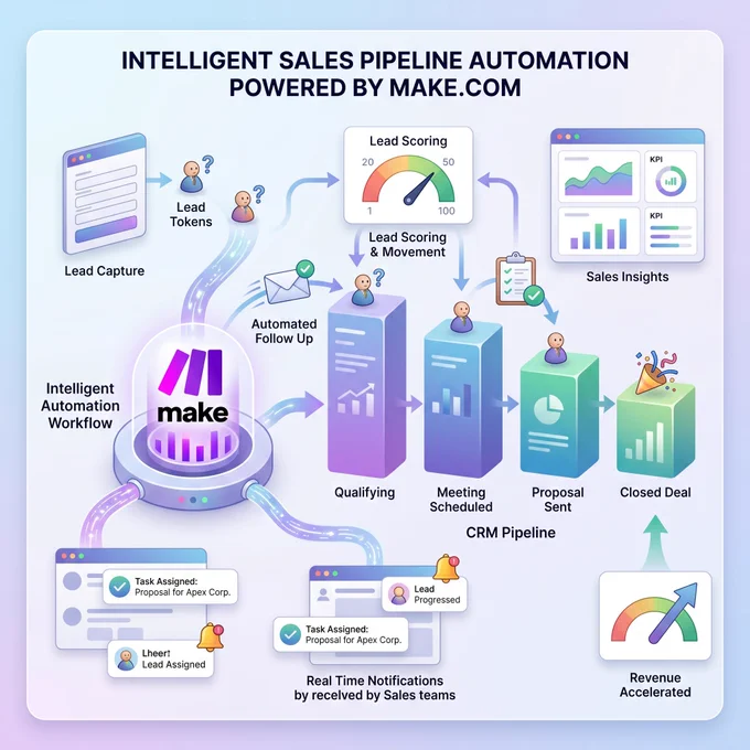 A modern visual showing leads automatically flowing through a sales pipeline from initial inquiry to closed deal without manual intervention.